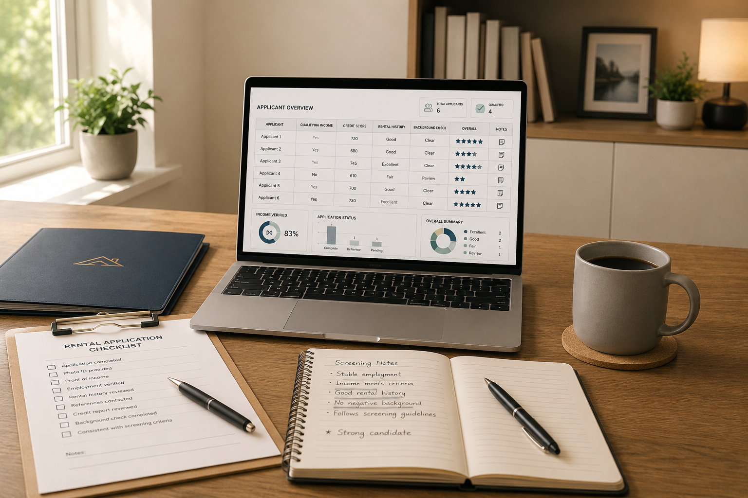 Organized workspace with an applicant screening dashboard, rental application checklist, notebook, and folder used to evaluate prospective rental applicants.