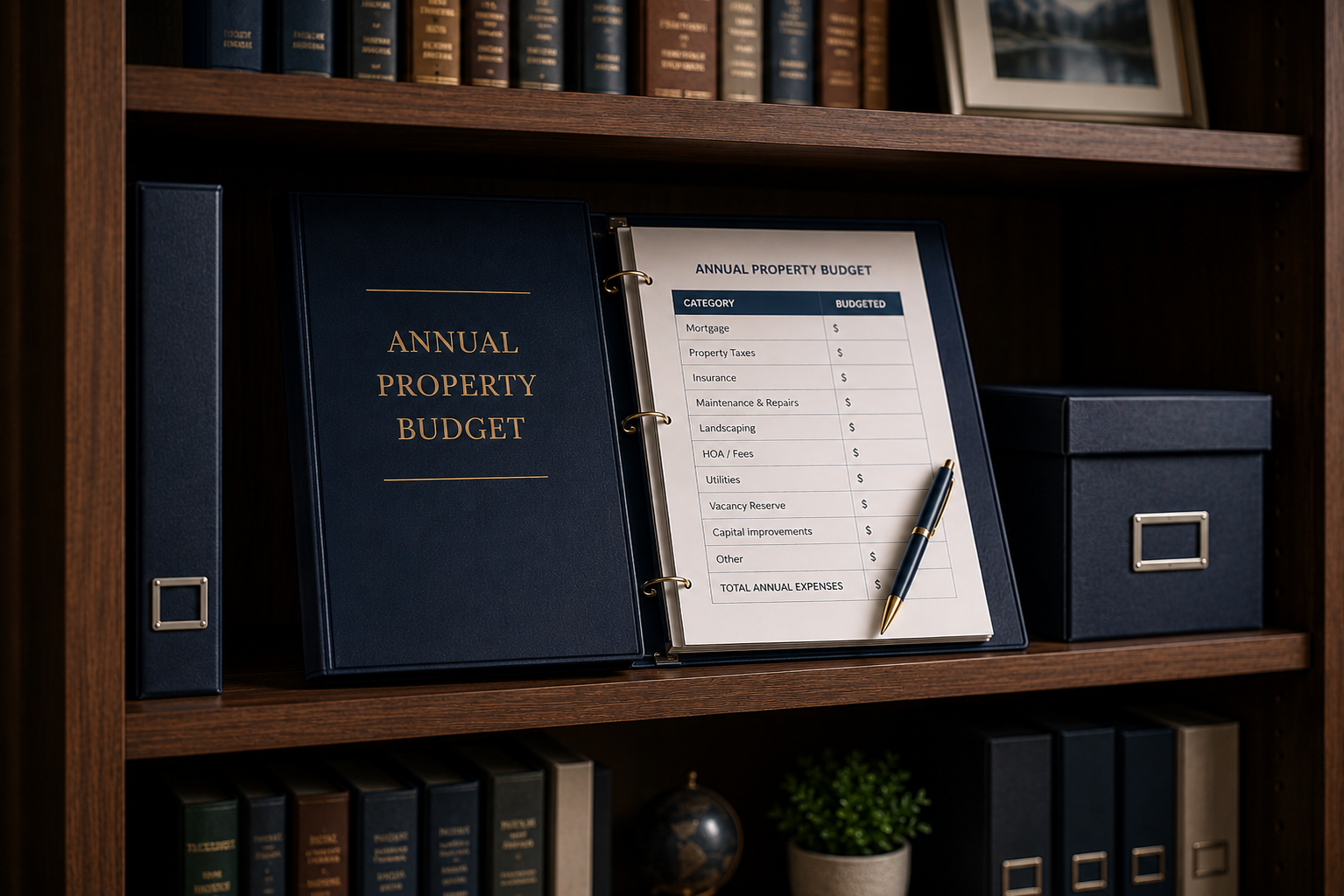 Annual property budget binder on an organized office bookshelf illustrating financial planning, budgeting, and ongoing expense management for rental property owners.