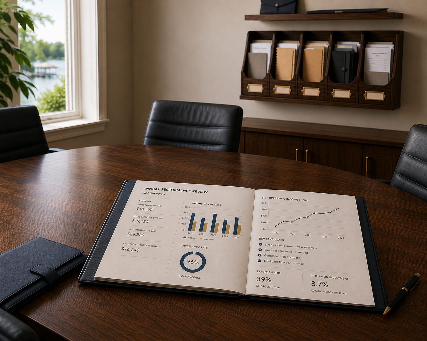 Annual rental property financial performance review displayed on a conference table, illustrating how property owners evaluate income, expenses, cash flow, and long-term investment performance.