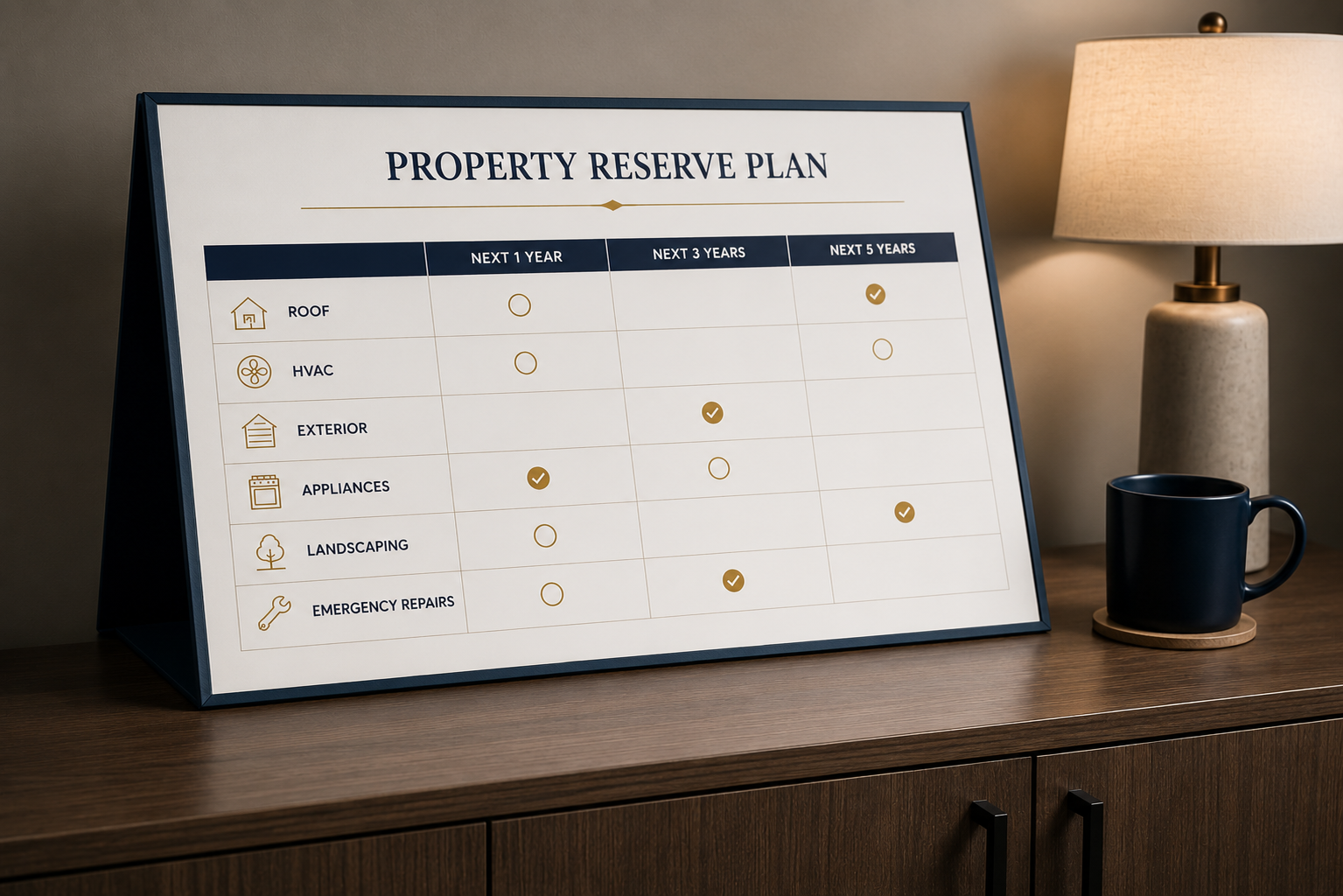 Property reserve planning board illustrating long-term financial planning, reserve fund preparation, and future capital expense management for rental property owners.