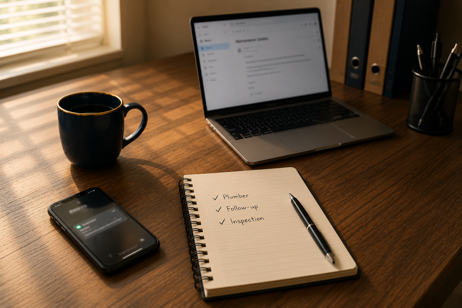 Property manager workspace with laptop, notebook, and phone illustrating professional landlord-tenant communication, timely responses, and organized rental property management.