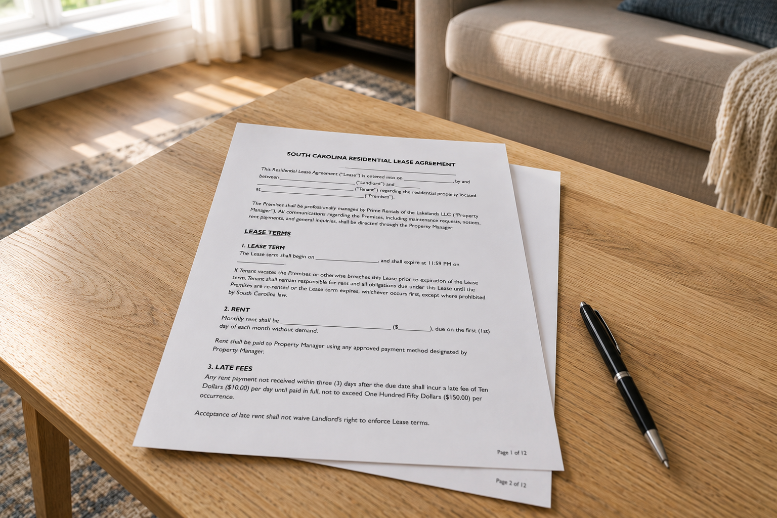South Carolina residential lease agreement on a living room coffee table illustrating the importance of a written rental lease for property owners.