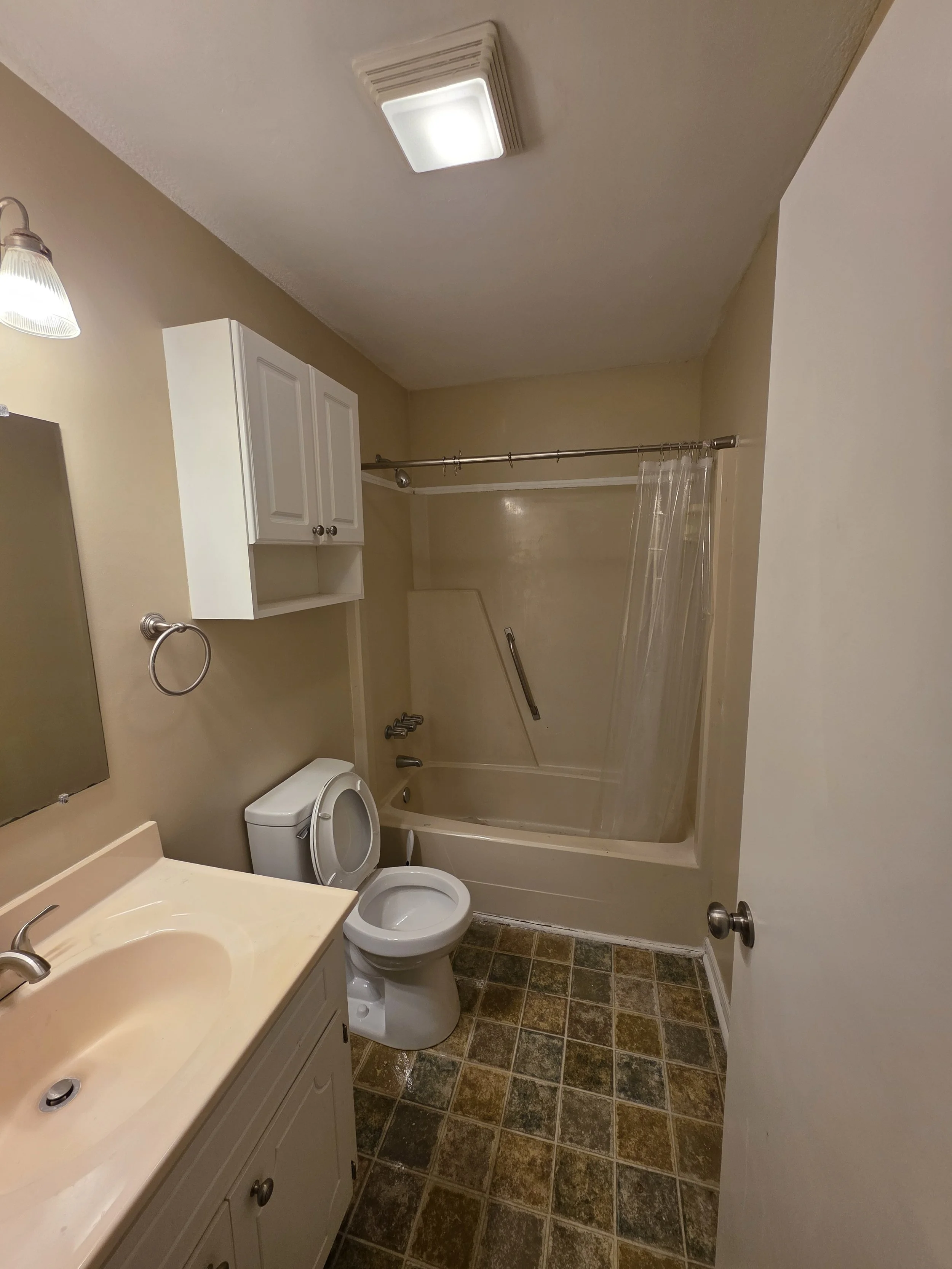 Full bathroom with bathtub, shower, vanity, and storage cabinet at 107 Country Village Ct