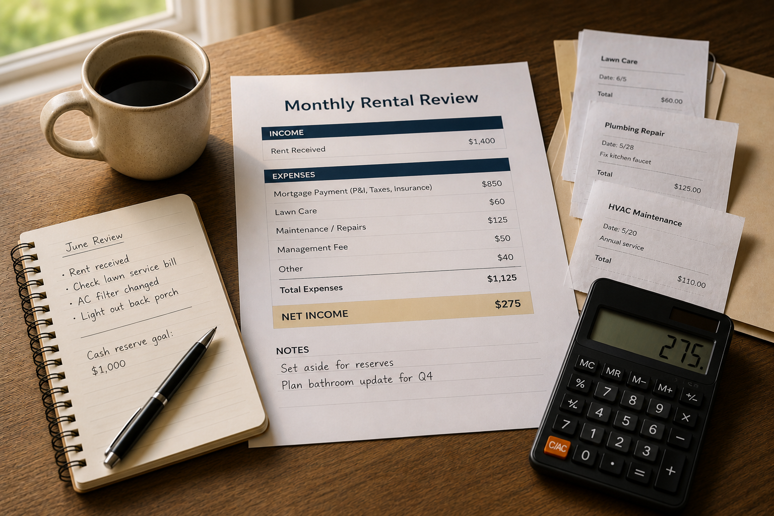 Monthly rental financial review with income, expenses, receipts, calculator, and notes for managing a rental property's finances.