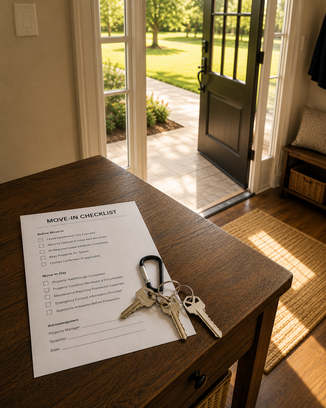 Move-in checklist and rental property keys prepared for tenant possession, illustrating the final step of the residential leasing process before move-in.
