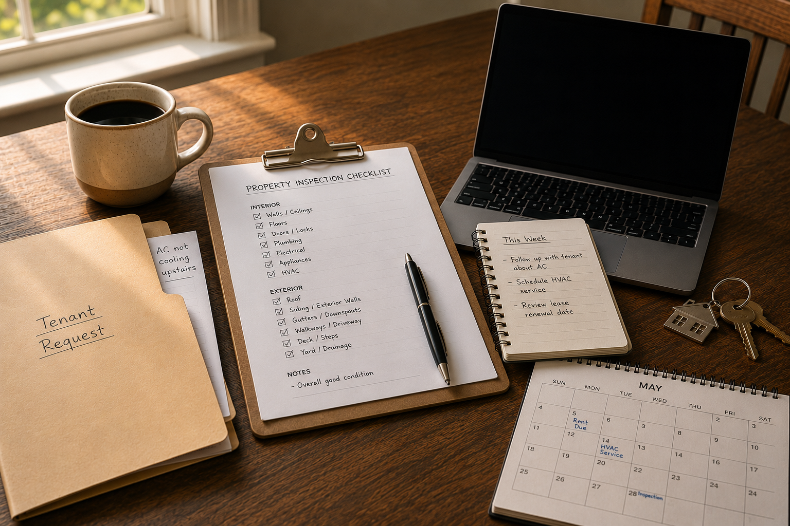 Home workspace showing an inspection checklist, tenant request folder, calendar, and planning materials for managing a rental property.