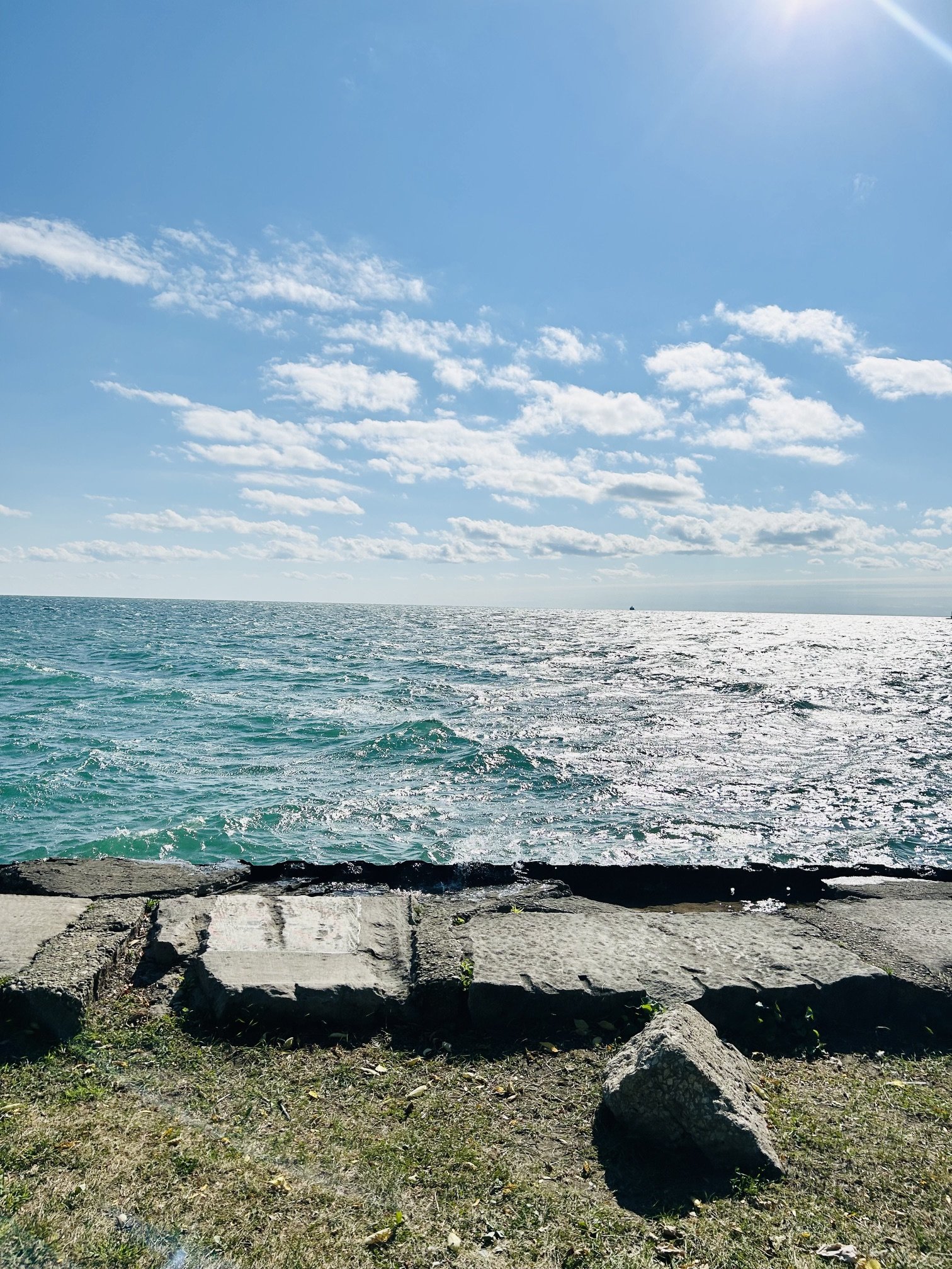 A view of the ocean with blue sky and white clouds, seen from a rocky shoreline with some grass and stones in the foreground.