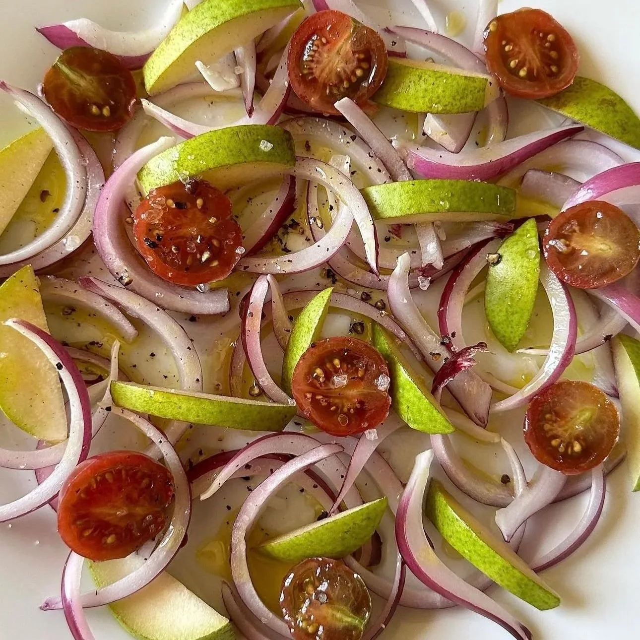 pear, onion, and tomato