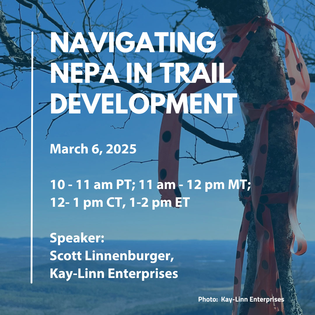 Webinar graphic titled 'Navigating NEPA in Trail Development' scheduled for March 6, 2025, with a background of a tree tied with a red ribbon with black dots, and a scenic landscape in the distance.