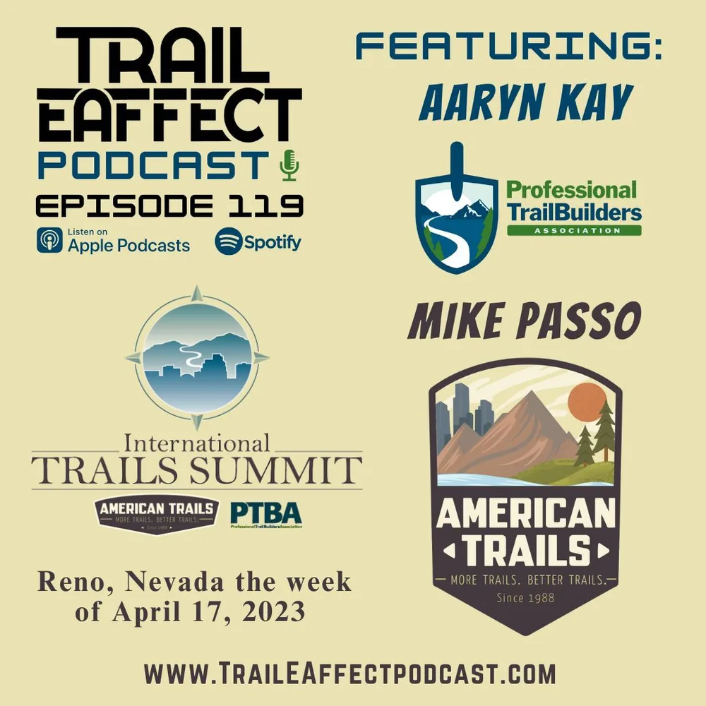Podcast episode flyer for Trail Effect Podcast, episode 119, featuring Aaryn Kay and Mike Passo, about the International Trails Summit in Reno, Nevada, April 17, 2023.