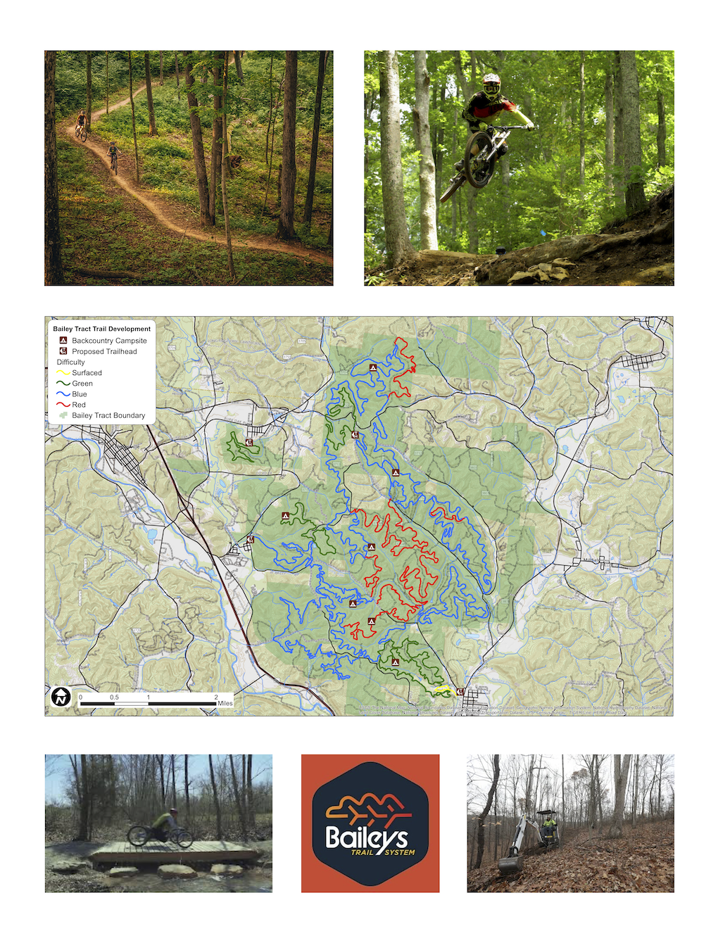 Map of Bailey Tract trail system with different trail difficulty levels marked in green, blue, and red, and various trailheads and campsites indicated.