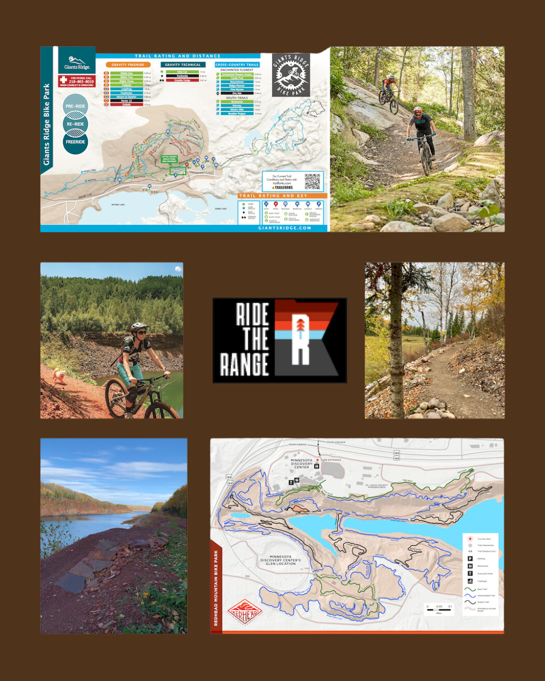 Collage of mountain biking trails and scenery, including trail maps, bikers on forest and mountain paths, and a logo with the text 'Ride the Range'.