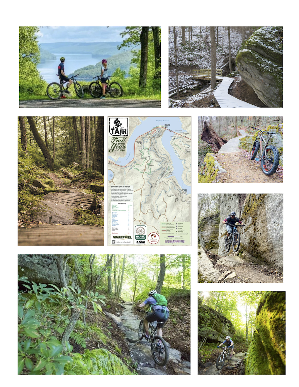 Collage of mountain biking scenes, including cyclists on trail, mountain bikes on path, and a trail map.