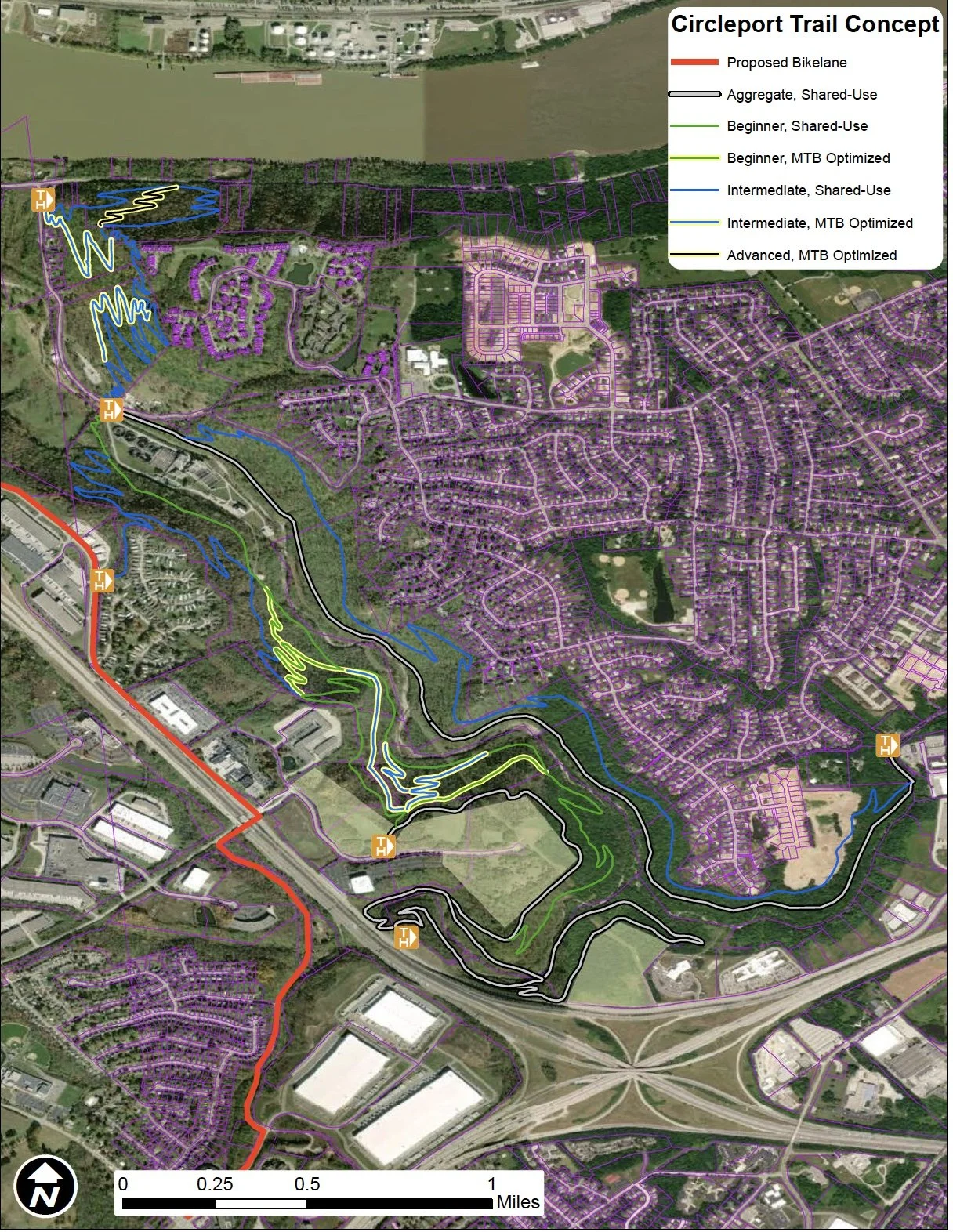 Map of the Circleport Trail concept showing proposed bikelane, shared-use aggregate, beginner, intermediate, and advanced MTB optimized trails, marked with different colored lines, overlaid on an aerial view of the area with surrounding residential neighborhoods and roads.