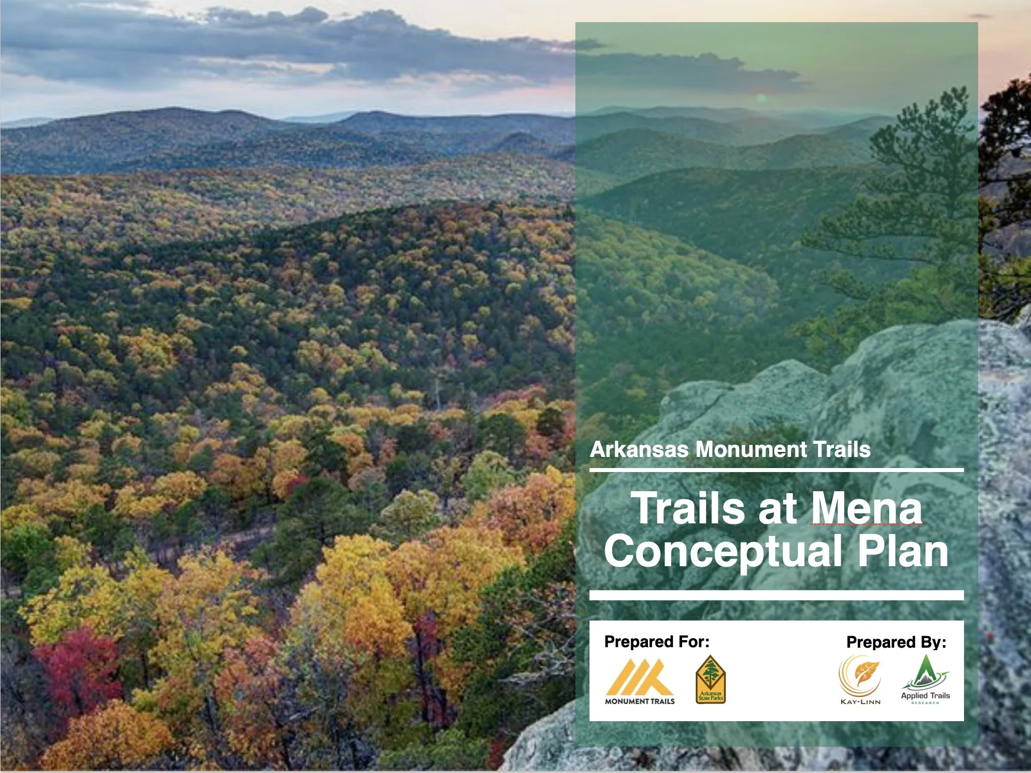 Overview of a mountainous landscape with colorful autumn trees, featuring a large green semi-transparent overlay with white text about Arkansas Monument Trails and a small section showing logos of organizations involved.