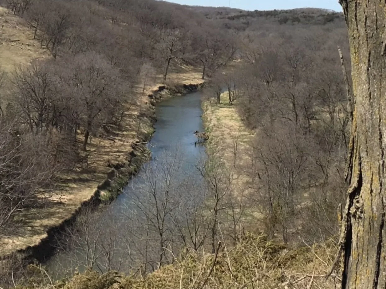 A river winding through a hilly landscape with leafless trees and dry grass, seen from a high vantage point.
