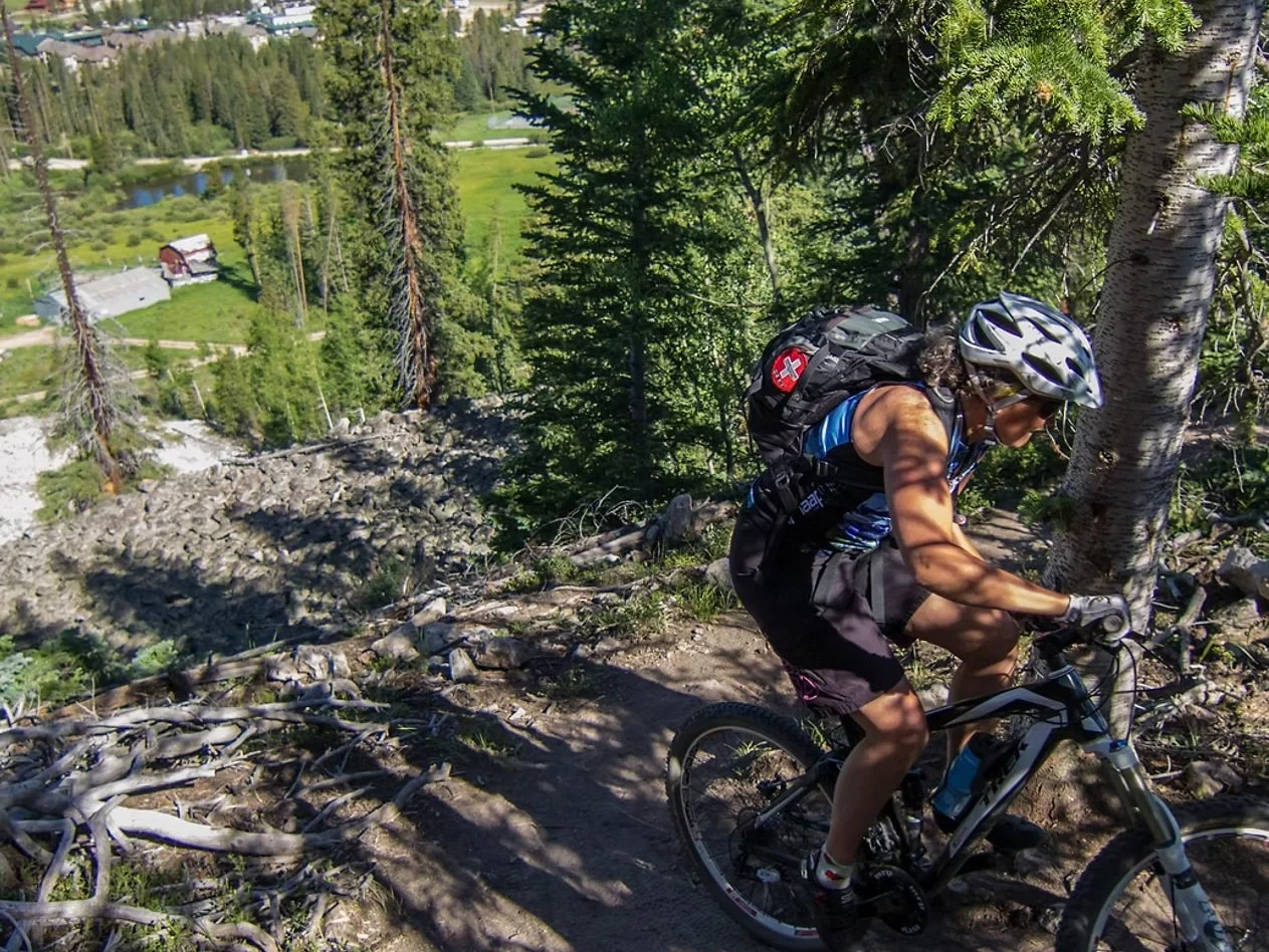 A person mountain biking on a rugged forest trail with trees and a scenic landscape in the background.