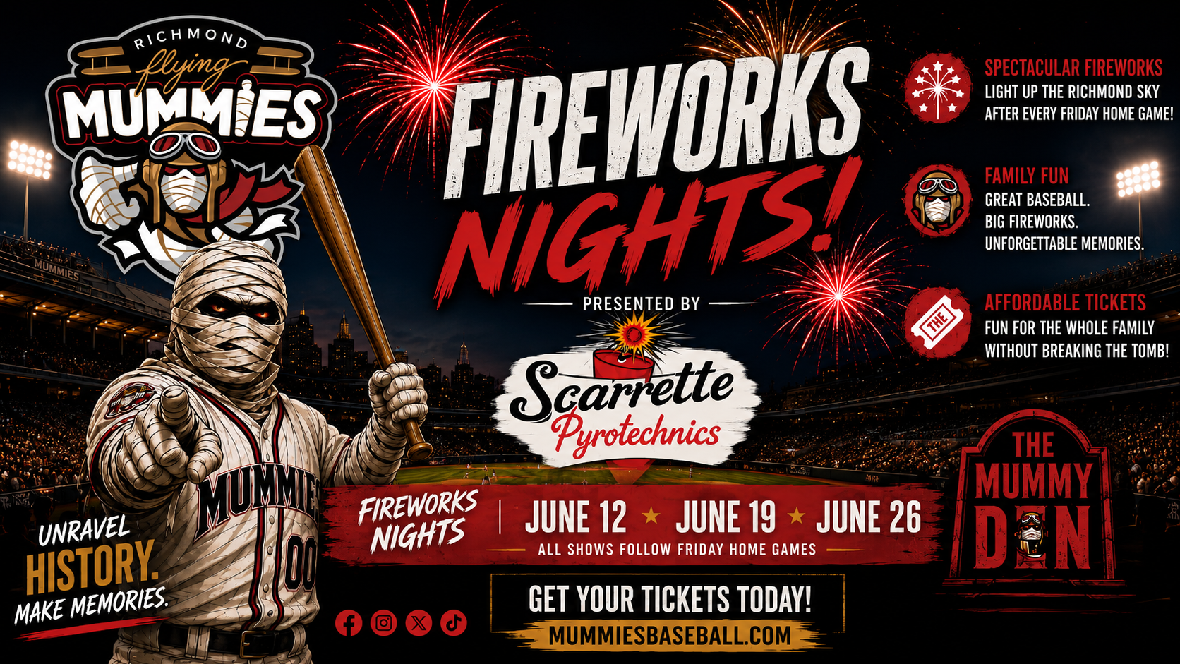 Poster for Richmond Mummies' fireworks nights with fireworks in the night sky, a mascot wearing a mummy costume with baseball gear, and text details about event dates June 12, 19, and 26, 2023, at the Mummies baseball stadium.