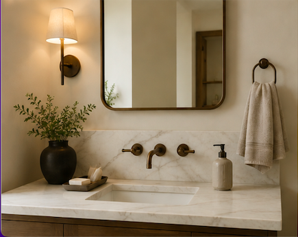 Organic modern bathroom vanity with natural stone, warm lighting, and spa-inspired accessories.
