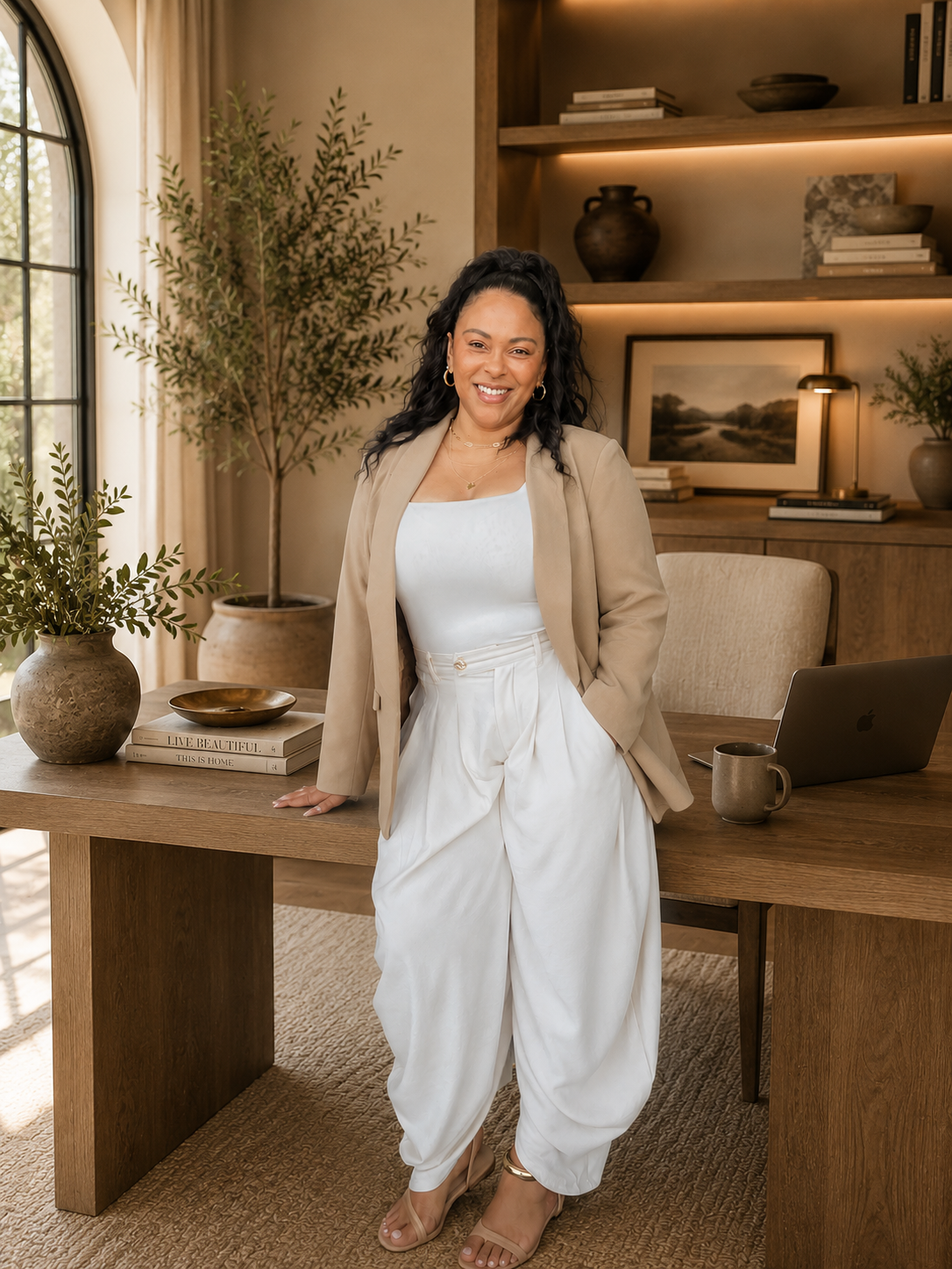 Interior designer in an organic modern home office surrounded by curated décor and natural materials.