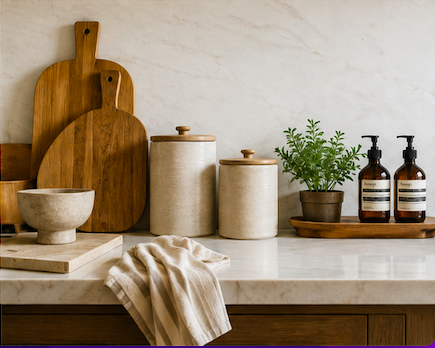 Kitchen countertop styling with wood cutting boards, ceramic accessories, and organic modern décor.