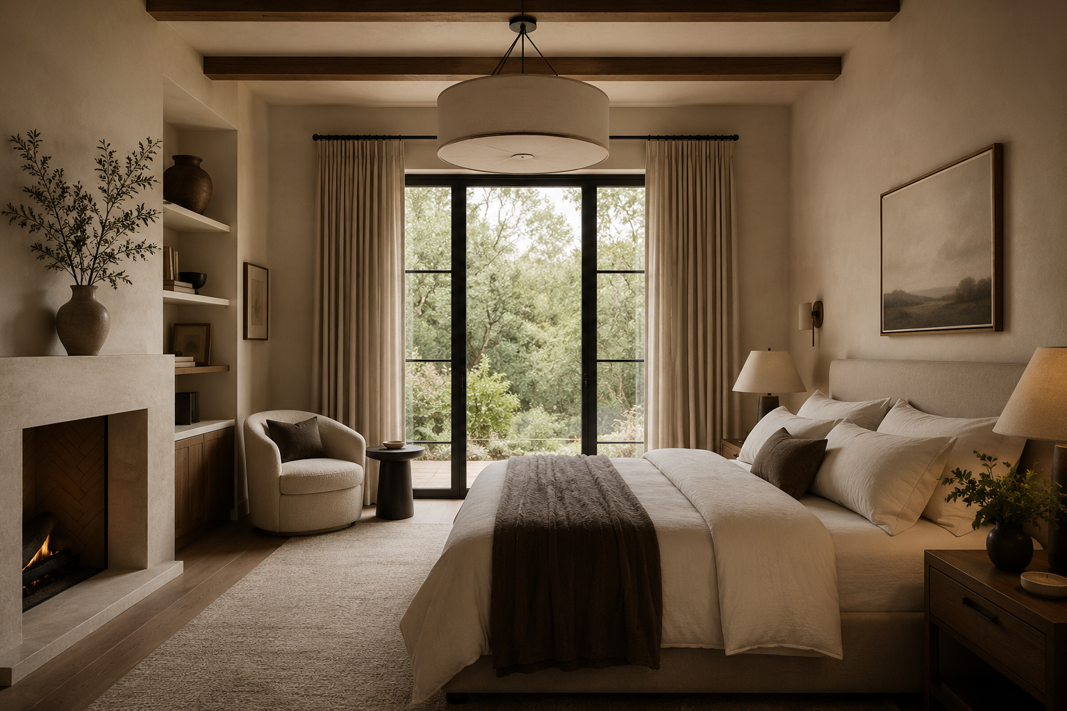 Organic modern master bedroom with fireplace, layered neutral bedding, and warm luxury finishes.