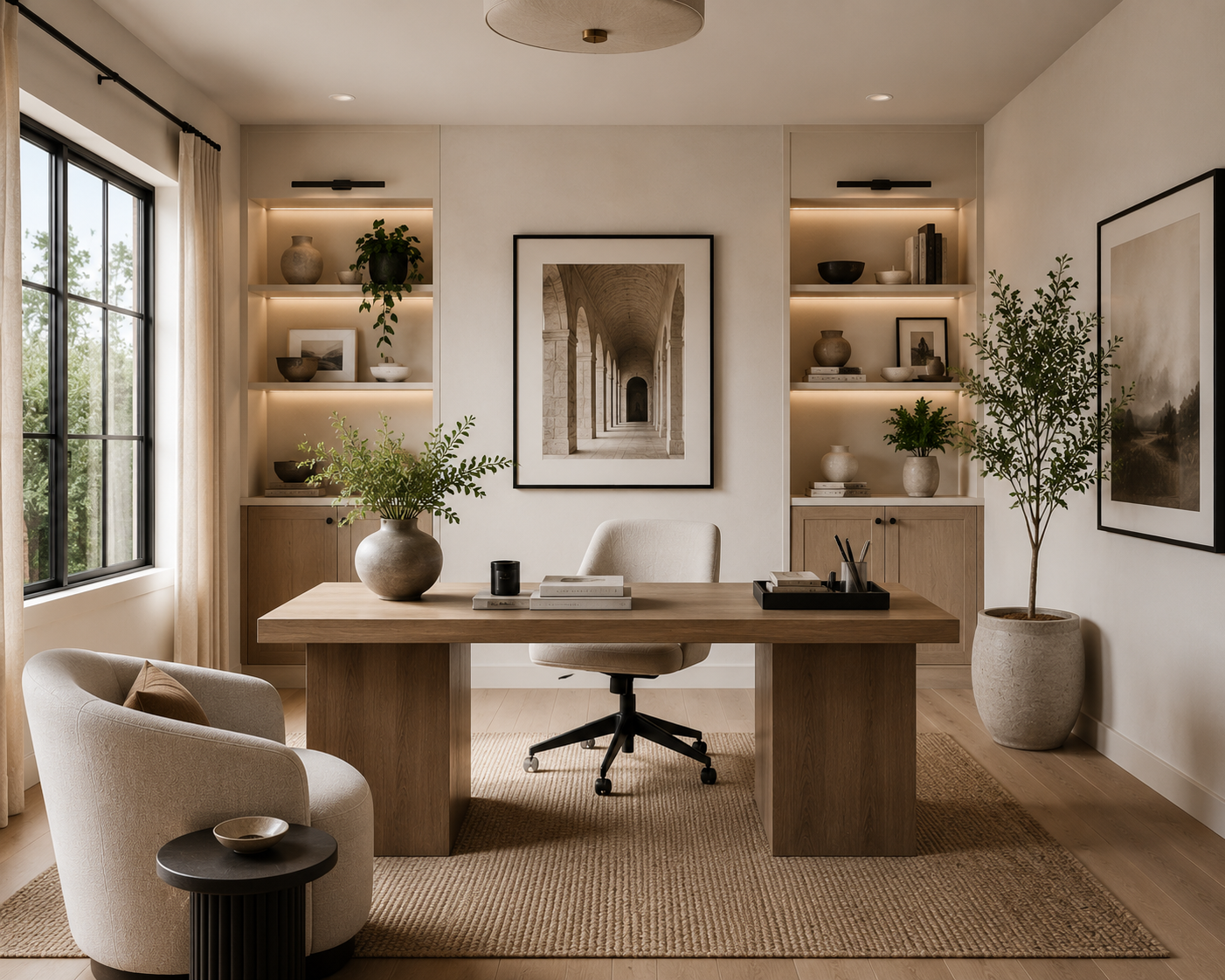 Organic modern home office with custom built-ins, warm wood desk, neutral furnishings, and natural light.