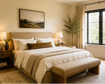 Luxury organic modern bedroom with layered bedding, neutral palette, and serene designer styling.