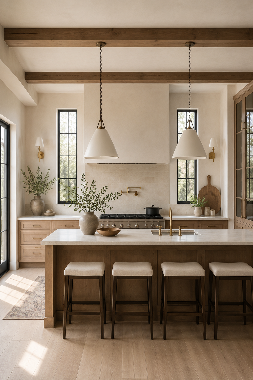 Organic modern kitchen with custom cabinetry, oversized island, natural light, and luxury finishes.