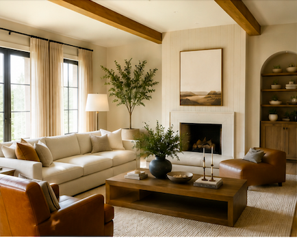 Organic modern living room with leather chairs, white sofa, fireplace, and timeless neutral design.