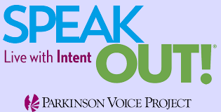 Logo for Speak Out! Live with Intent by Parkinson Voice Project