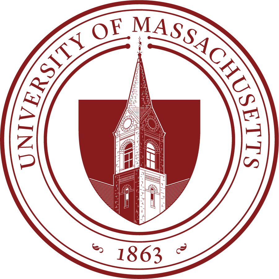 Seal of the University of Massachusetts with a depiction of a clock tower and the text "UNIVERSITY OF MASSACHUSETTS" and "1863".