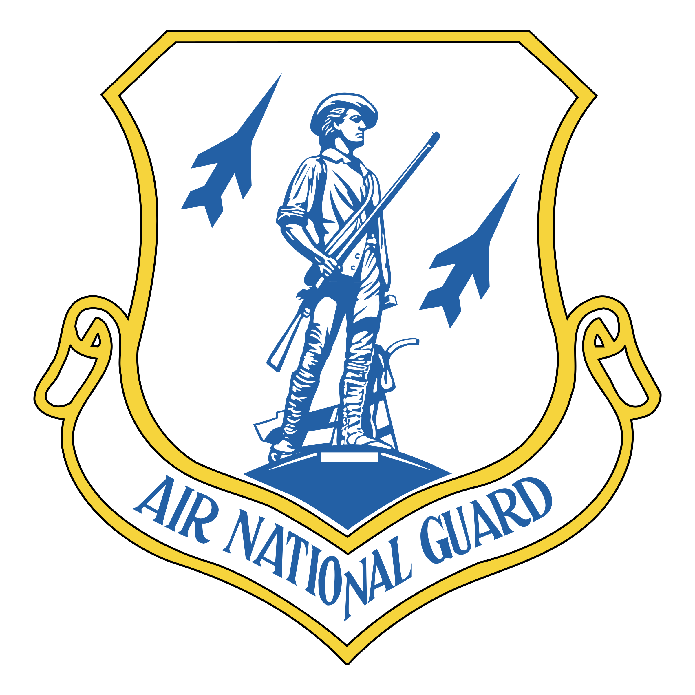 Seal of the U.S. Air National Guard featuring a blue outline of a patriot holding a spear inside a shield with a yellow border, with a black background.