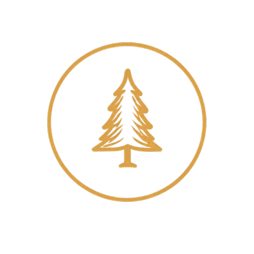 A minimalist logo with a gold outline of a pine tree inside a gold circle on a black background.