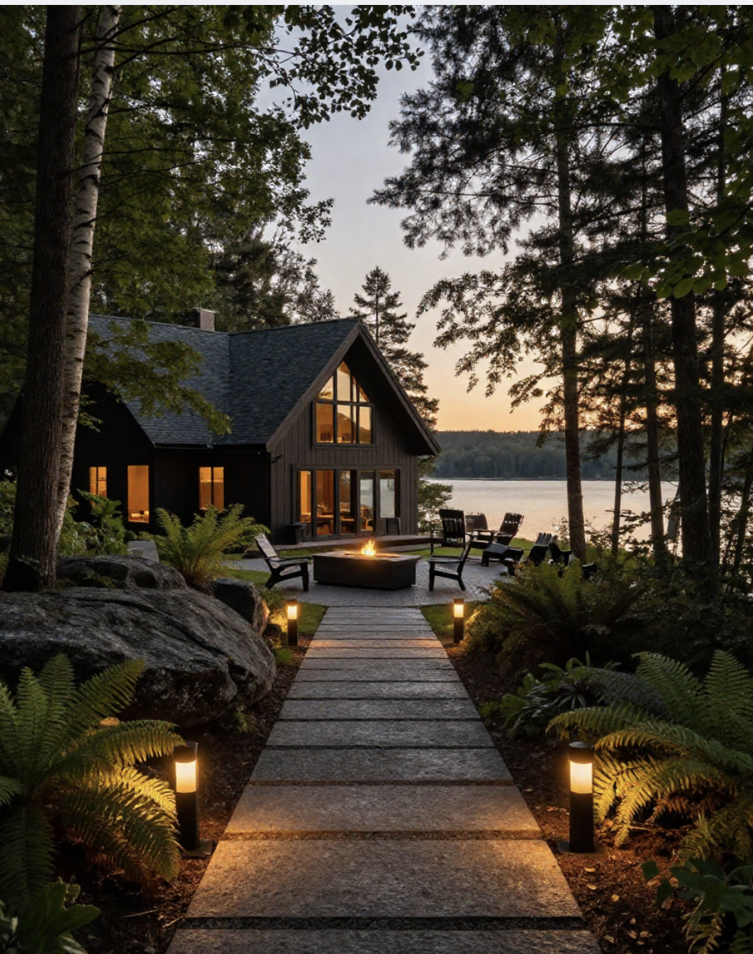 A cozy cabin by a lake at sunset, with a stone pathway leading to a fire pit surrounded by chairs, lush plants, and tall trees lining the scene.