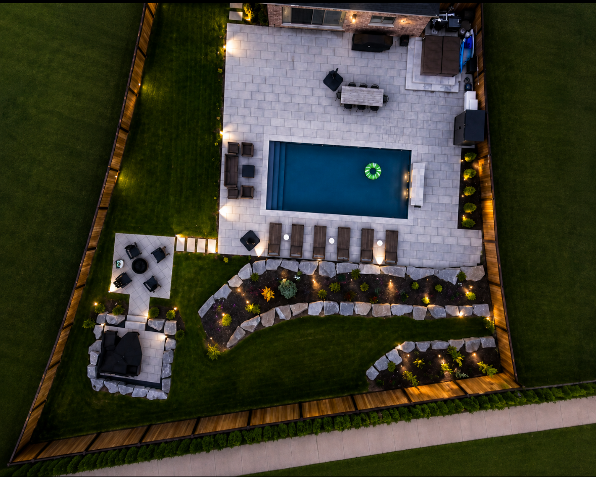 Aerial view of a backyard with a swimming pool, patio furniture, outdoor seating area, firepit, garden beds, and a lawn, all enclosed by a wooden fence at dusk.