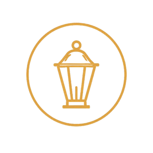 Gold outline of a lantern inside a gold circle on a black background.