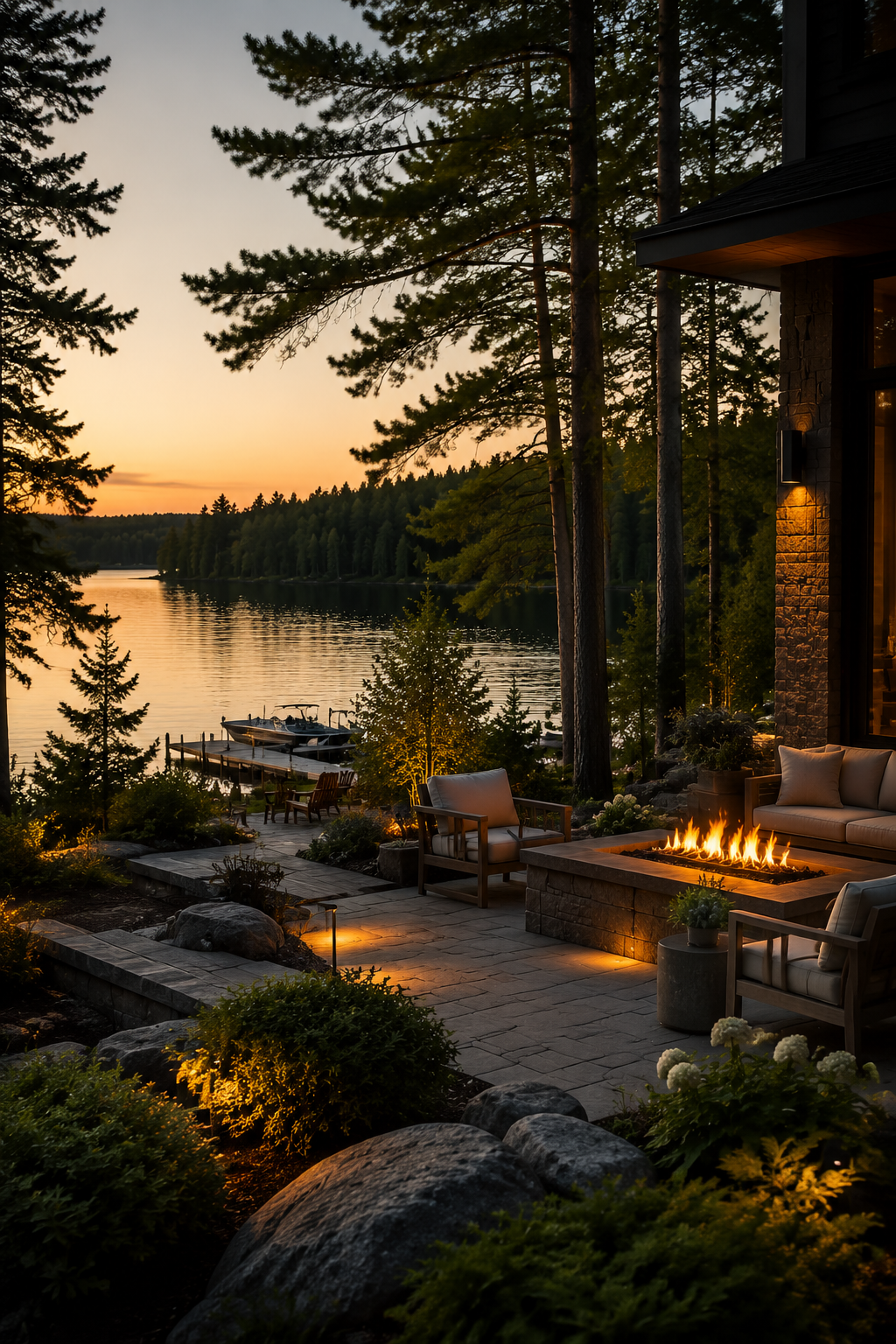 A lakeside patio at sunset with outdoor seating, a firepit, and boats docked on the water surrounded by trees.