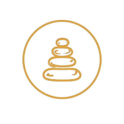 Gold line drawing of stacked stones inside a circle on a black background.