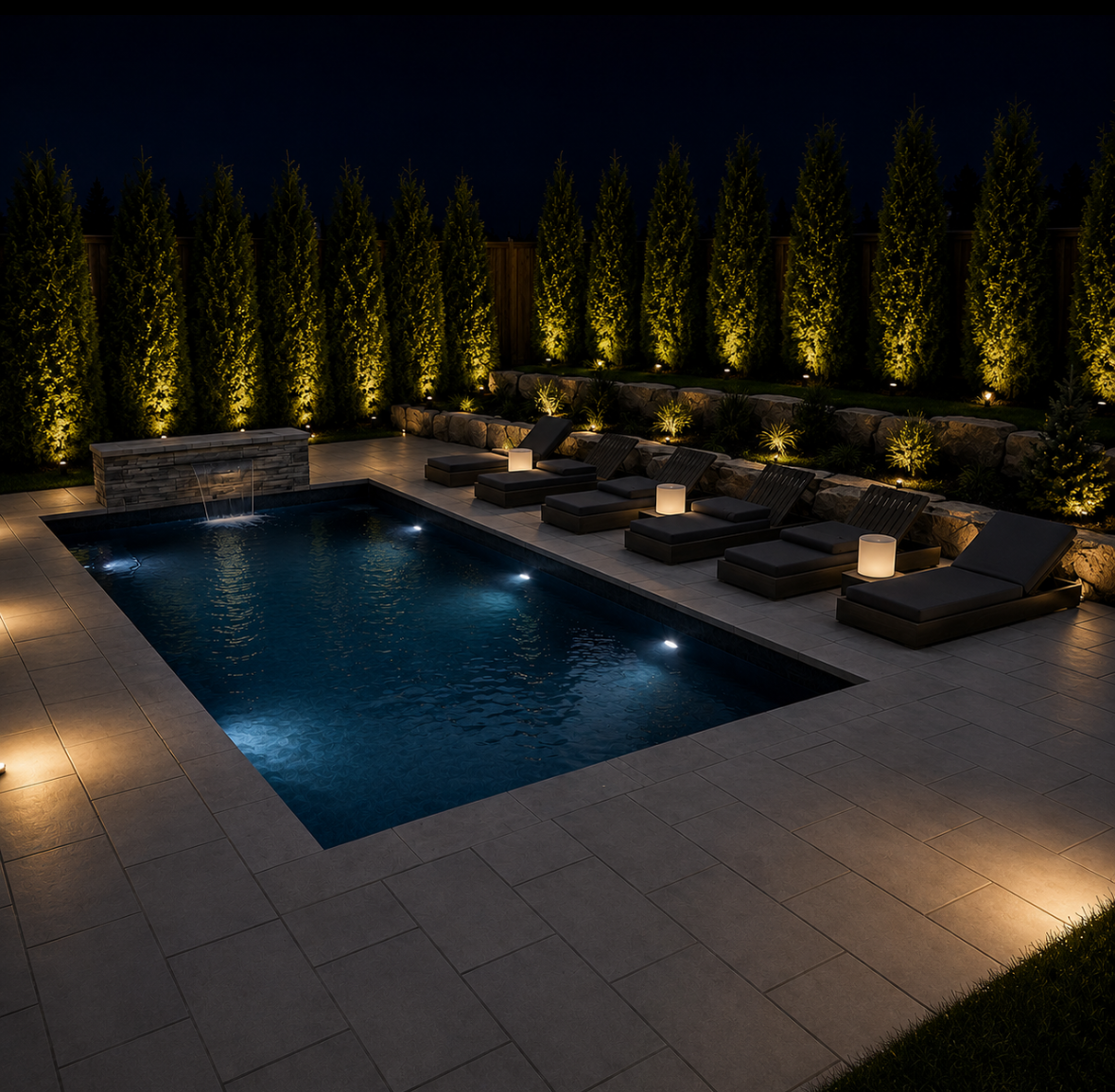 Nighttime view of a backyard pool area with lounge chairs, small side tables with lights, and a landscaped backdrop of illuminated trees and shrubs.