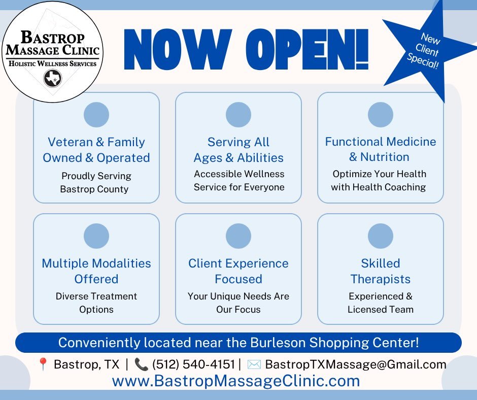 ✨We are officially open for business, and our online scheduling is now live! 
📲BastropMassageClinic.com 
#bastroptexas #bastroptx #bastropcounty #bastropmassage #bastropwellness