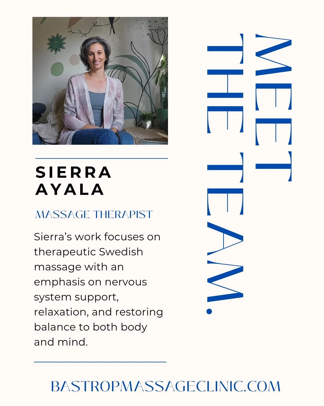 Meet Sierra! 👋

She's one of our massage therapists on staff and has 16 years of experience in the massage industry! Sierra is the queen of therapeutic Swedish massage, and is excited to be serving the Bastrop community with her calm presence and he