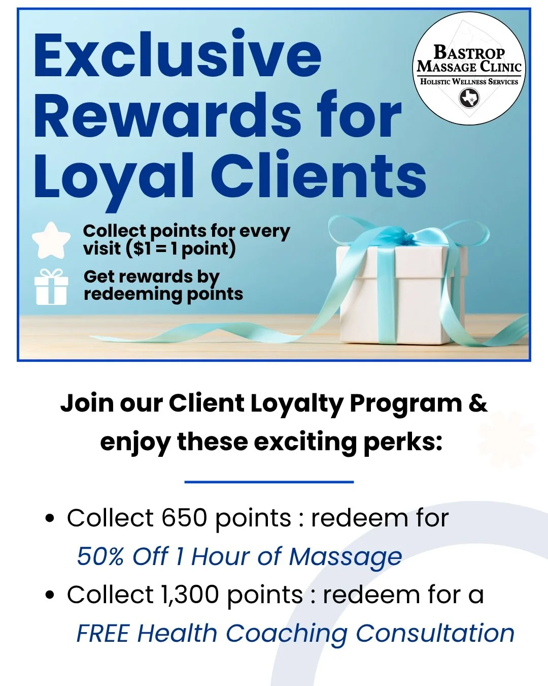 🎉We're excited to officially launch our Rewards Program for our loyal clients!

💰Earn 1 point for $1 spent.

👉🏼 Redeem 650 points for 50% off 1 Hour of Massage 
👉🏼Redeem 1,300 points for a FREE 90 minute Integrated Health Consultation 

🔗Book 