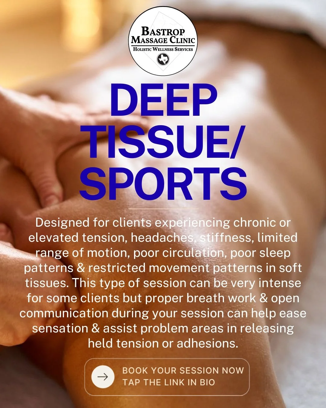 Clinical Massage Modality Feature 

Who is it for? 
Deep tissue and sports massages are designed for active individuals, people with chronic muscle pain, and anyone dealing with deep-seated tension or physical stress.

Sports Massage
* Athletes and g
