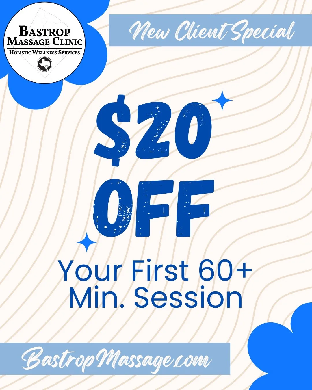 🎉🎊We are excited to be officially open and want to spread the love of clinical massage with Bastrop county! 💙

🦋Don't miss out on our NEW CLIENT SPECIAL happening now thru 12.31.26! 

📆Schedule online at BastropMassage.com or call/txt 512.540.41