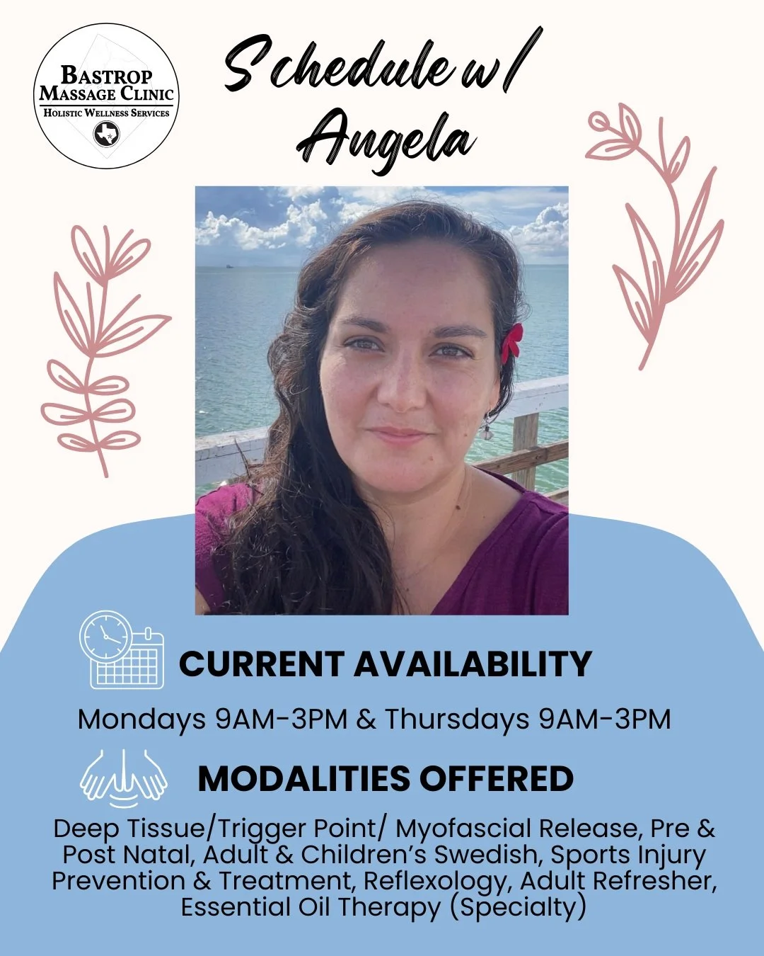 🦋Angela's current availability and modalities offered at BMC! 

📆You can schedule with Angela online at BastropMassage.com or call/txt 512.540.4151

#bastropmassage #newteammember #bastroptx #schedulenow #bastroptx