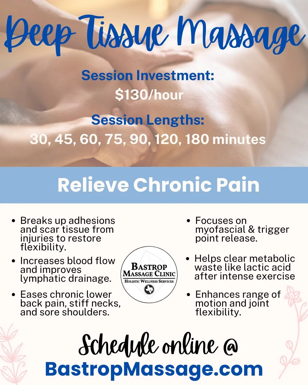 🦋We have some availability today for deep tissue work from 9AM-3PM with Angela &amp; 3PM-10PM with @alextybaert.lmt ! Experience all of the amazing benefits of Deep Tissue massage at the Bastrop Massage Clinic. 

✨Complementary enhancements like dry