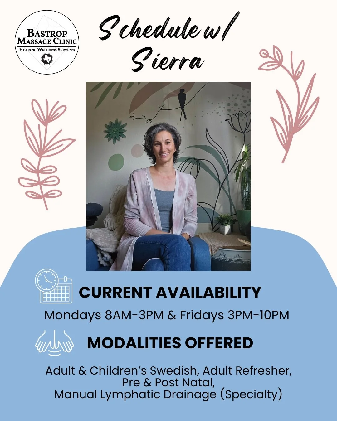 Sierra has availability this morning from 8AM-3PM! Schedule with her to address your stress. She specializes in Central Nervous System reset work and Manual Lymphatic Drainage. #booknow #mondaymornings #bastropmassage #bastroptx #bastropmassageclinic