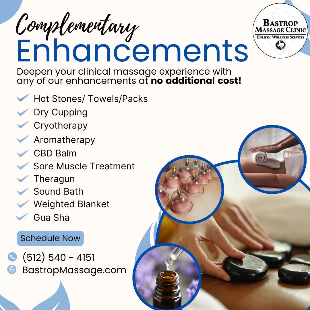 Want to elevate your next massage session without breaking the bank? 💆✨

At Bastrop Massage Clinic, we don't believe in "one size fits all" care. That&rsquo;s why we offer a variety of clinical enhancements to deepen your healing experienc