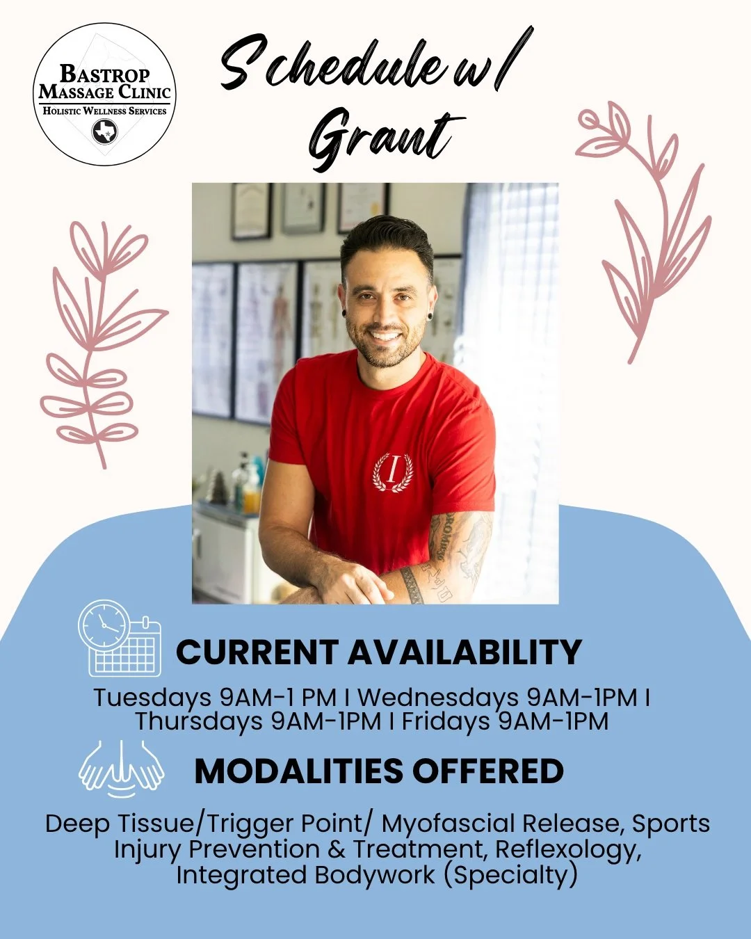 Looking to book your next session for therapeutic deep tissue work to relieve that chronic pain, tenstion and stress? Grant has some last minute availability for this week! 

🙌 Whether you need focused injury prevention or a specialized integrated b